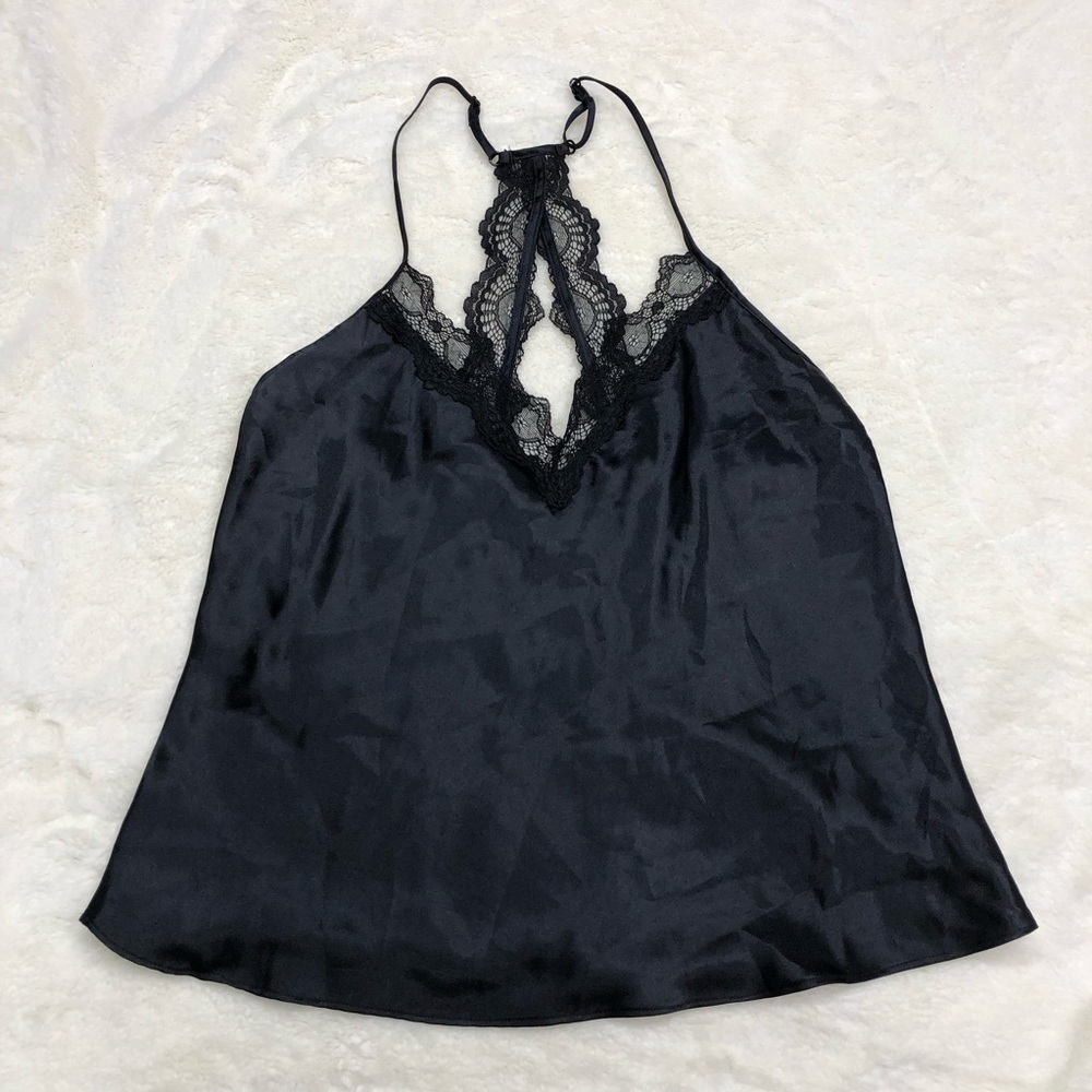 NEW in bloom size small black silky cami sexy lingerie lace neck racerback